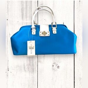 BCBG Girls Turquoise Blue Nylon & White Leather Buckle Handbag Satchel Y2k NWT